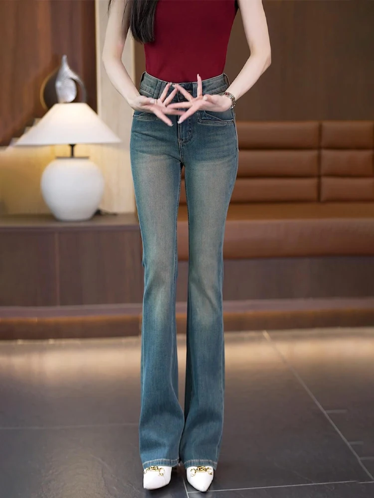 

Джинсы Bell Bot в американском стиле ретро, женские новые длинные брюки с высокой талией 2024, эластичные джинсовые узкие брюки, леггинсы Bell размера плюс