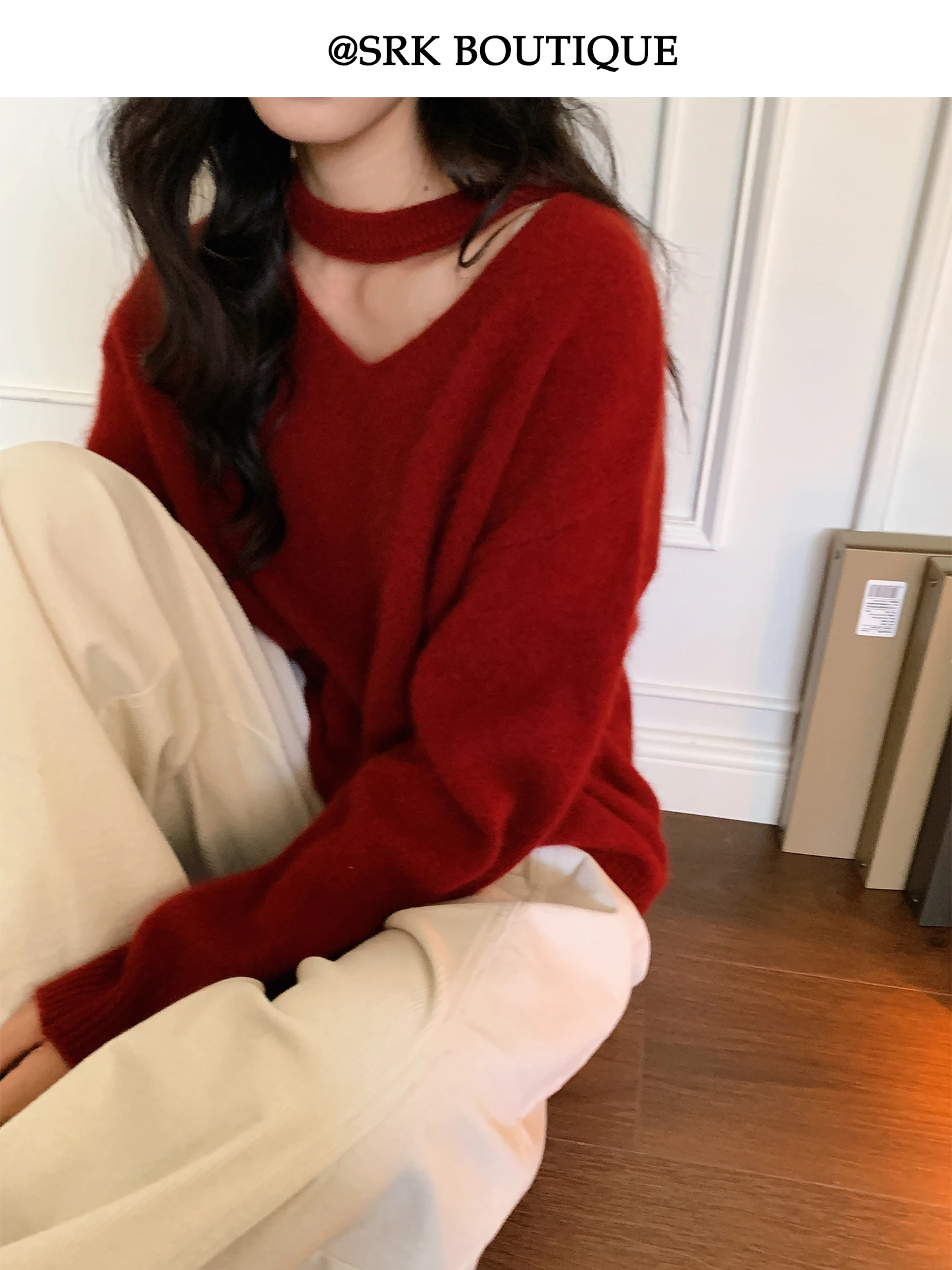 

SRK Vintage Soft Knitted Hollow out Loose Fit Sweater V-Ne Casual Comfortable Warm Women's Faion Office Travel Outfit