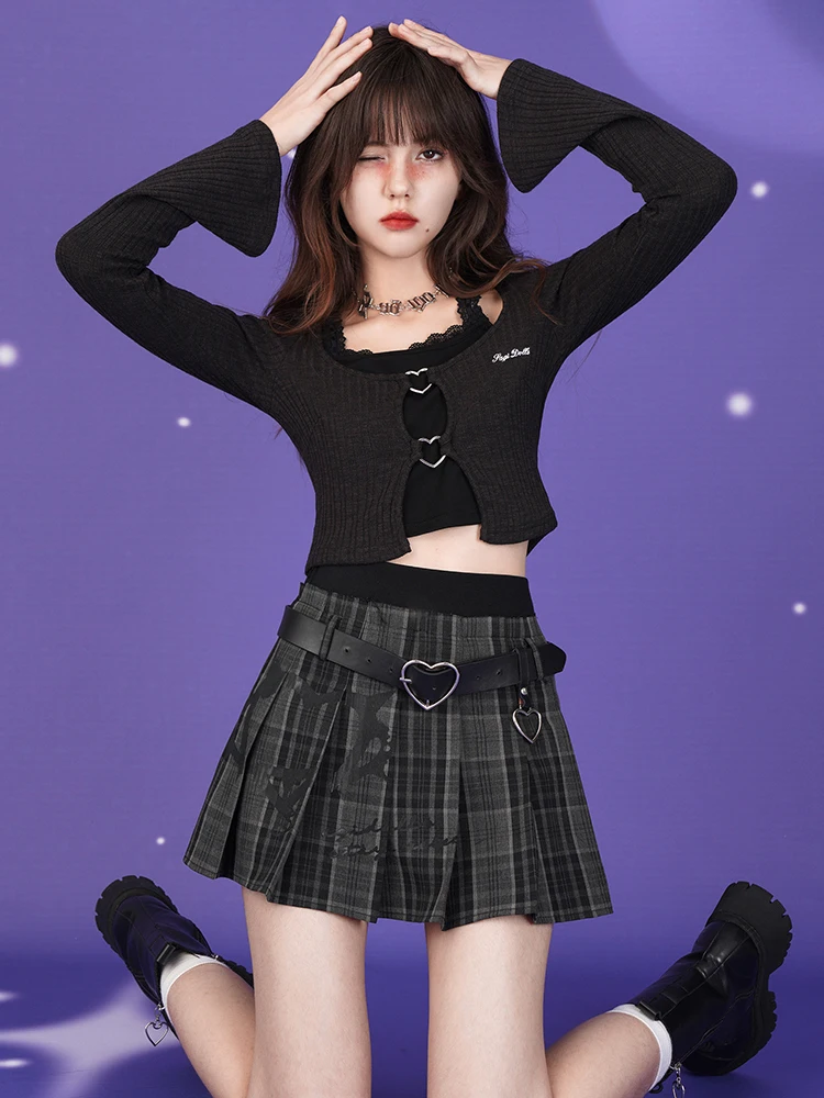 Streetwear Punk Sweet Cool Girl Style Plaid Printed High Waist Heart Buckle Belt Sexy JK Pleated Mini Skirt Women Summer 2024