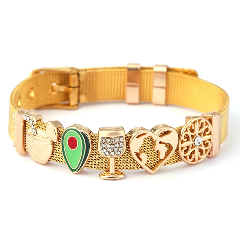Stainless Steel Keeper Bracelets For Women Men With Enamel Avocado Wine Glass Charm Beads Belt Mesh Bracelets Bangle Jewelry