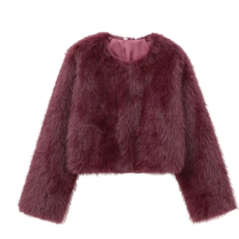 Jaqueta feminina grossa e quente de pele sintética, gola redonda, manga comprida, roupa externa chique, moda