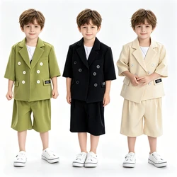 Boys Double Breasted Short Sleeve Blazer Suit Set Summer Formal Outfit for Kids Toddlers Wedding Birthday Party Photo Shoot 8 Y