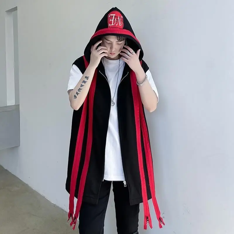 Spring and summer ins personalized zipper decoration men\'s loose Hooded Vest youth fashion men\'s hip-hop sleeveless coat