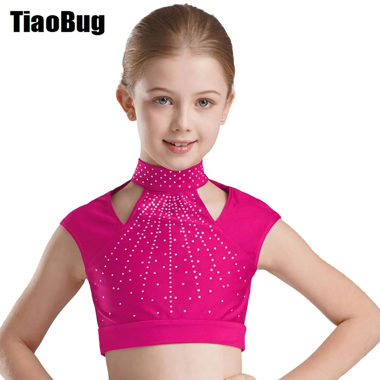 

Kids Girls Gymnastics Tops Sleeveless Cutout Shiny Rhinestones Crop Top for Figure Skating Dance Performance