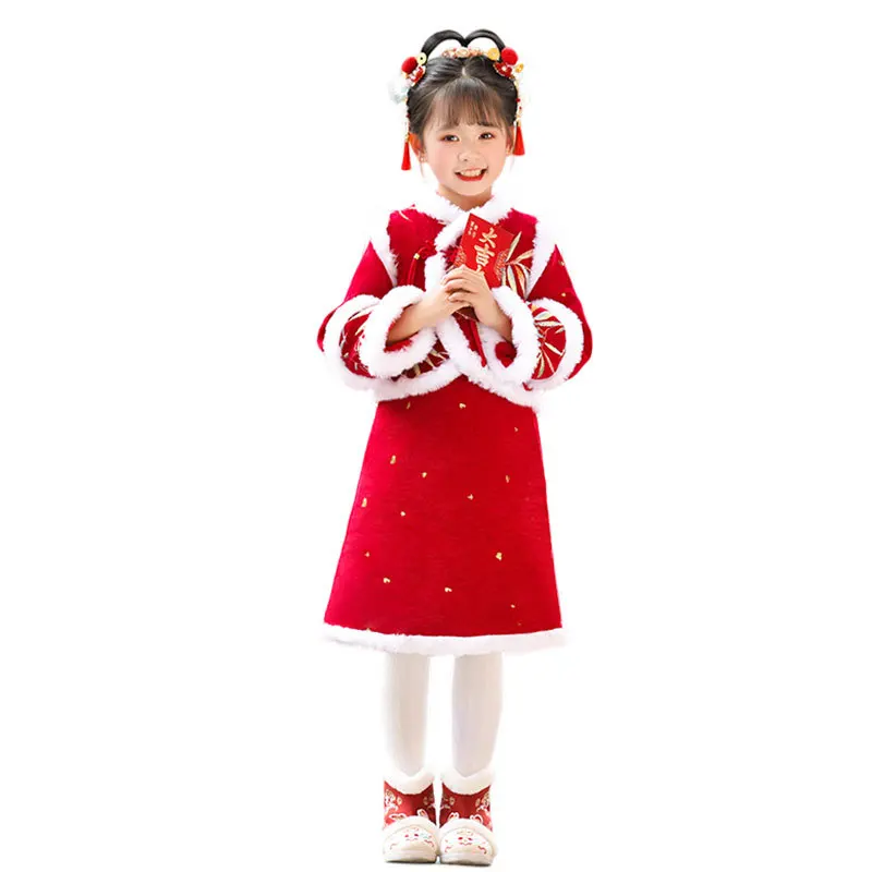 Cute Baby Girls Winter New Cheongsam Hanfu Set Tang Suit Children Traditional Festive Costume Kids 2025 Chinese New Year Clothes