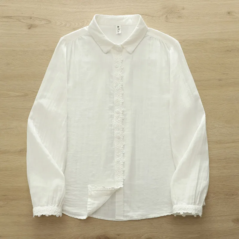 New 2026 Spring Women Cotton Yarn Long Sleeve Shirt, Turn-down Collar Lace, Mori Girl French Simplicity Loose Blouse T63126CC view 4