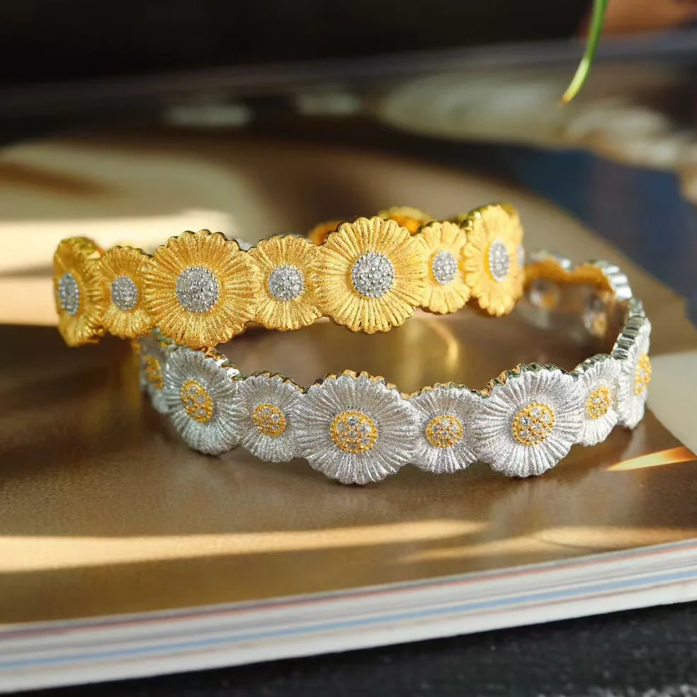 Wide Version Two-Color Gold Small Daisy Silver Bracelet with Diamonds Bracelet Women