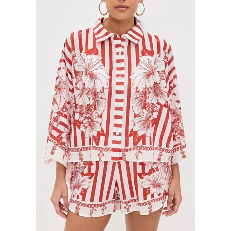 ファッション花柄ストライププリントショートパンツセット レディース カジュアル バットウィングスリーブ ルーズシャツ ハイウエスト レースアップパンツ ビーチ ホリデー ツーピースセット