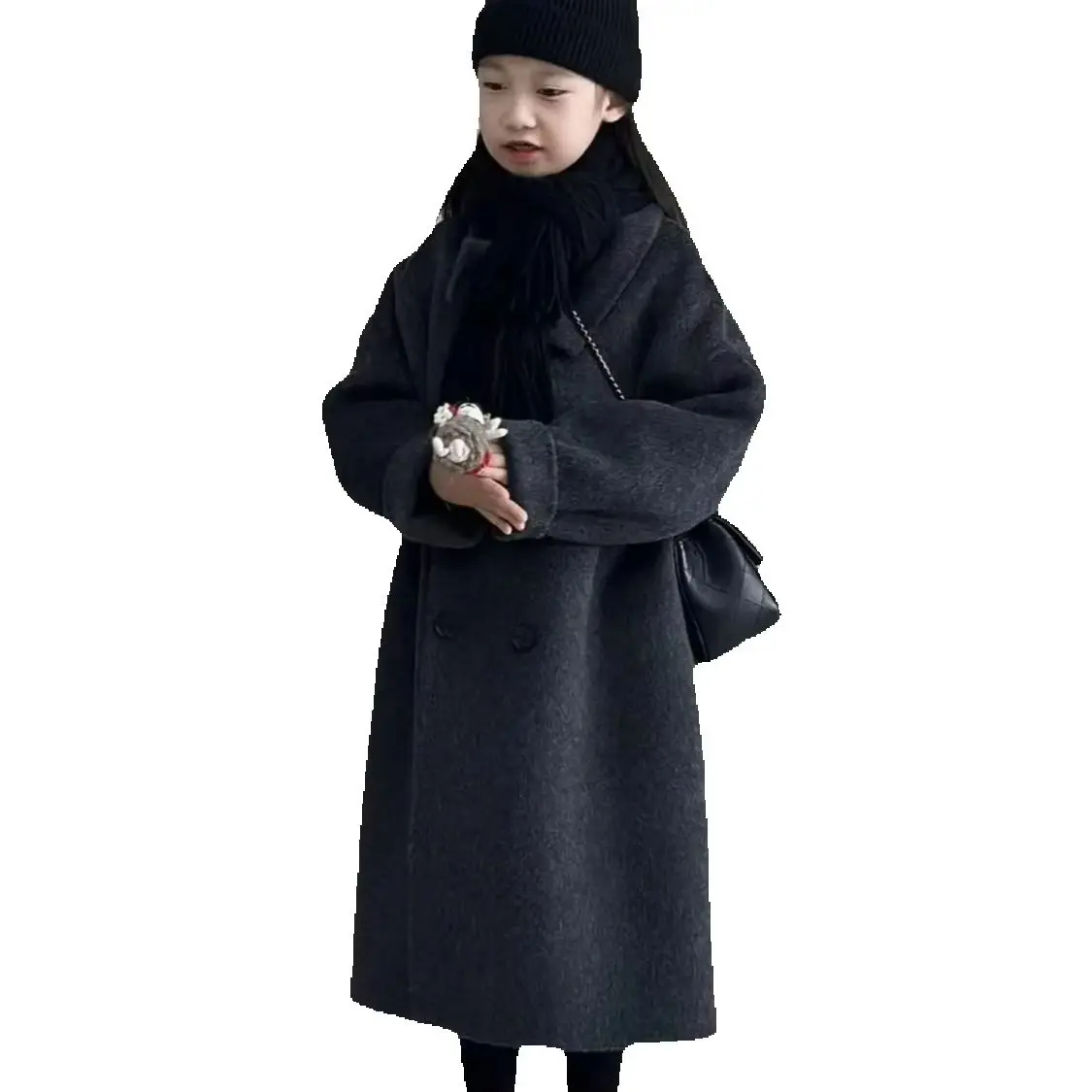 Girls Double Face Wool Coat Autumn Winter New Fashion Dark Grey Double Breasted Notch Lapel Jacket Children Clothing