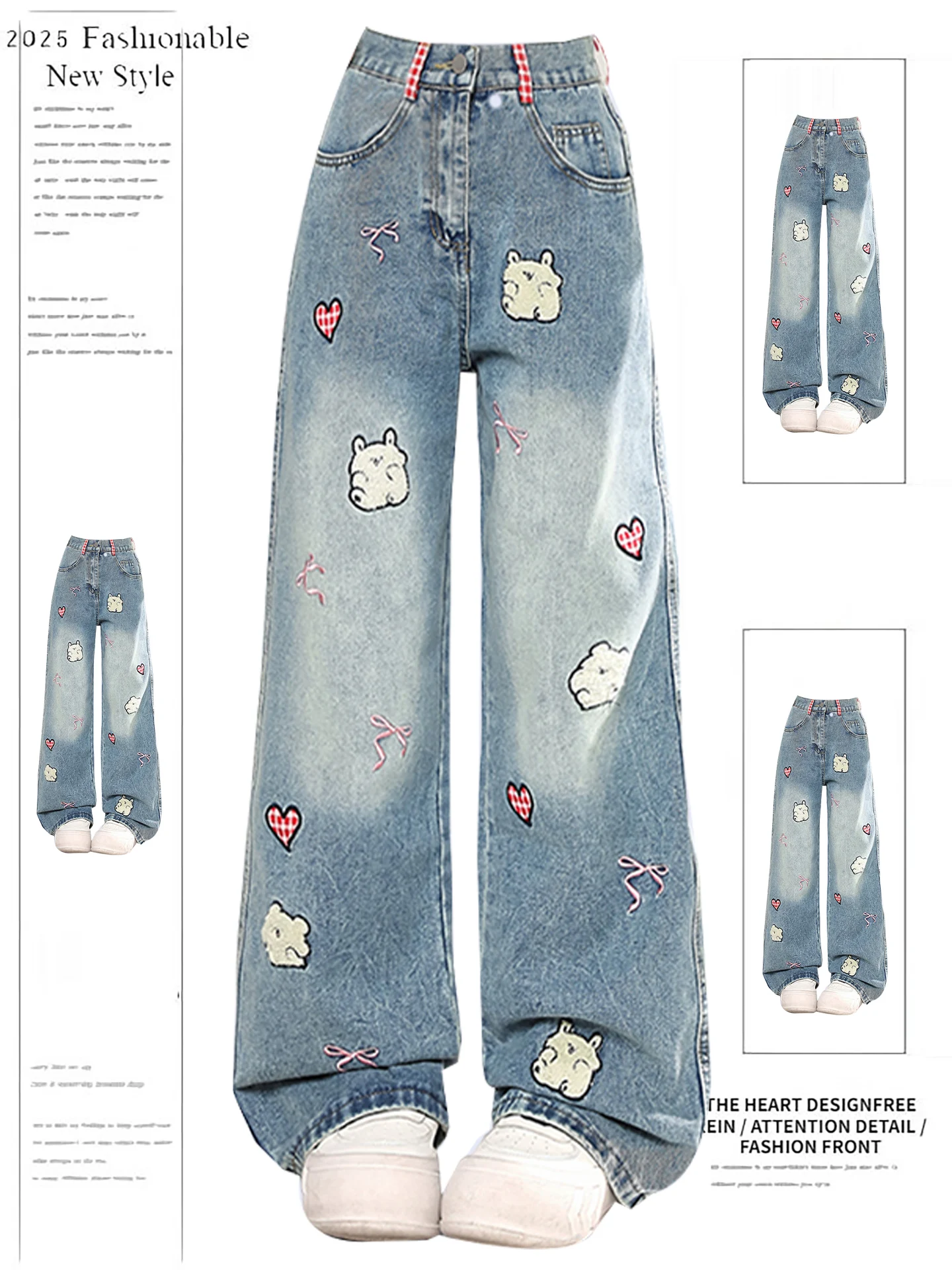 

American Retro Cartoon Embroidery Wide Leg Jeans Women's Casual Loose Straight Cut Trousers Trendy High Waist Zipper Fly