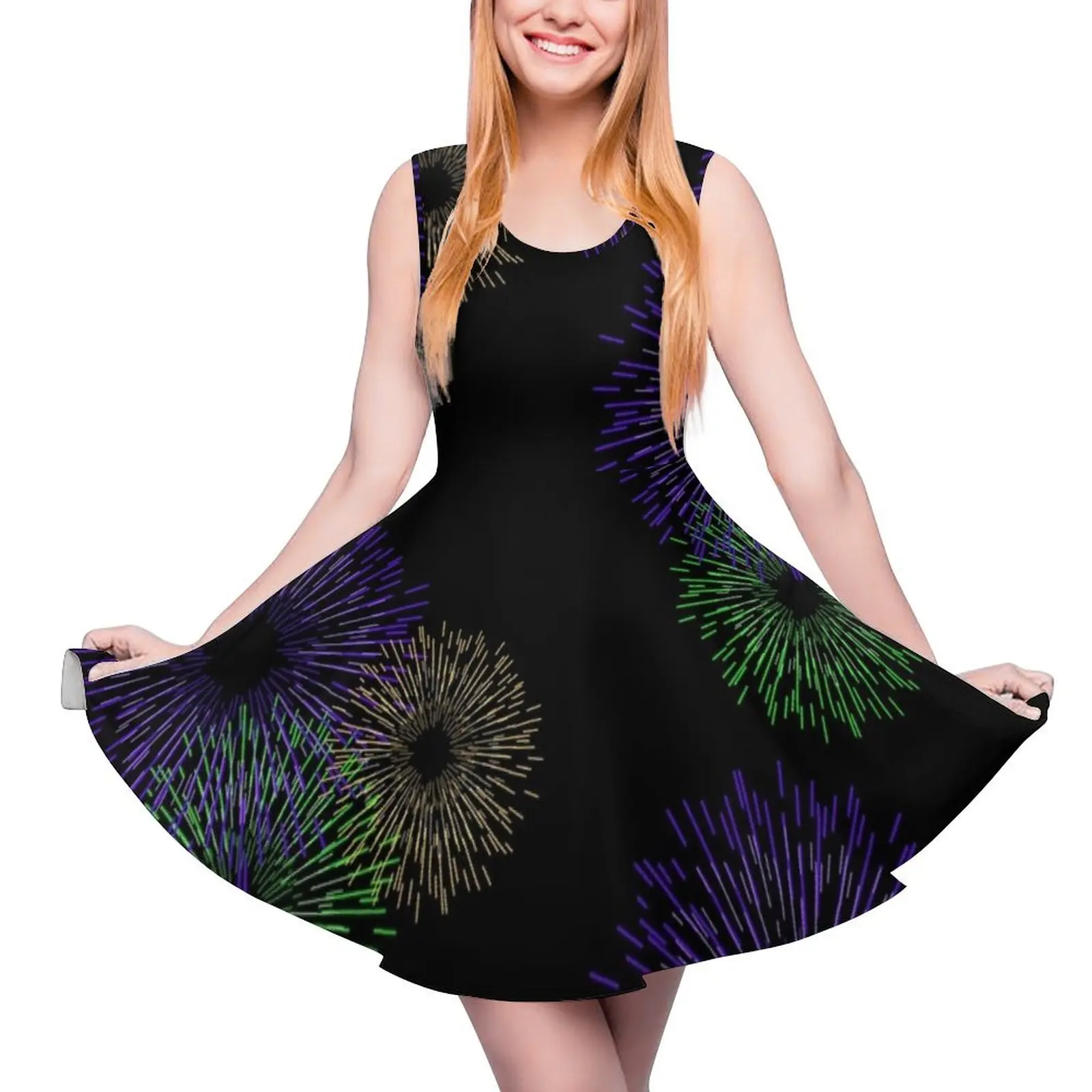 Green Purple and Gold Fireworks Sleeveless Dress elegant guest wedding dress chic and elegant evening dress