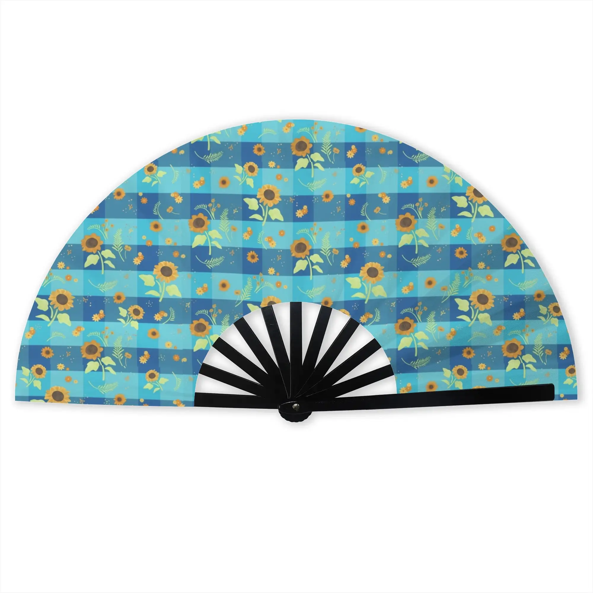 Checkerboard Daisy Sunflower  Stylish Hand Fan  Men Plaid Sky Blue  Printed Polyester Fan  Aesthetic For Sports Events Gift