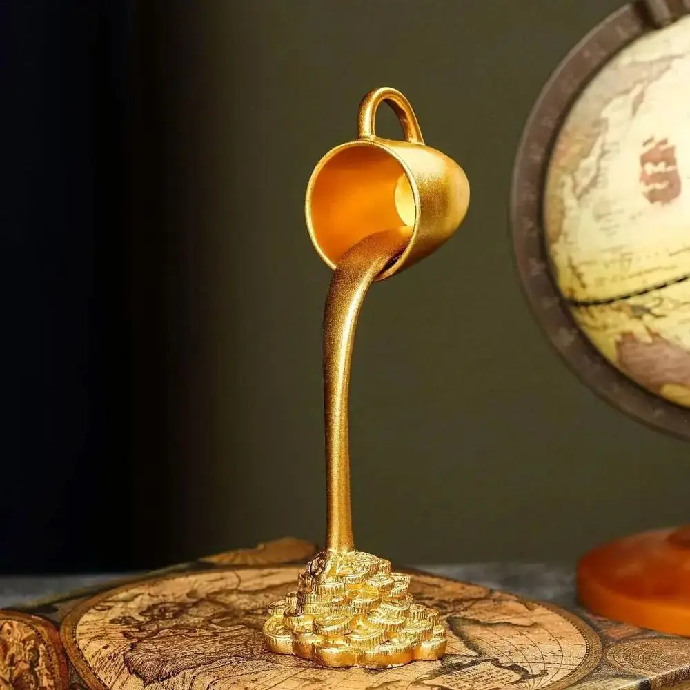 

Liquid Gold Floating Mug Figure Novelty Coin Spilling Coffee Ornaments Pouring Resin Floating Coffee Cup Figurines Living Room