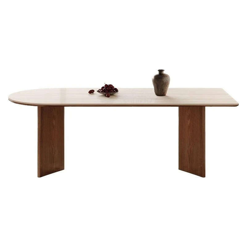 

Rock slab travertine French dining table, light luxury cream semi-circular rectangular dining table