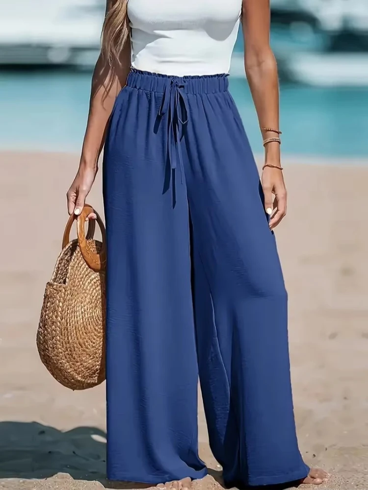 Women High Waist Wide Leg Pants Elastic Waist Drawstring Loose Trousers Solid Casual Flowy Beach Pants Summer Vacation Pants