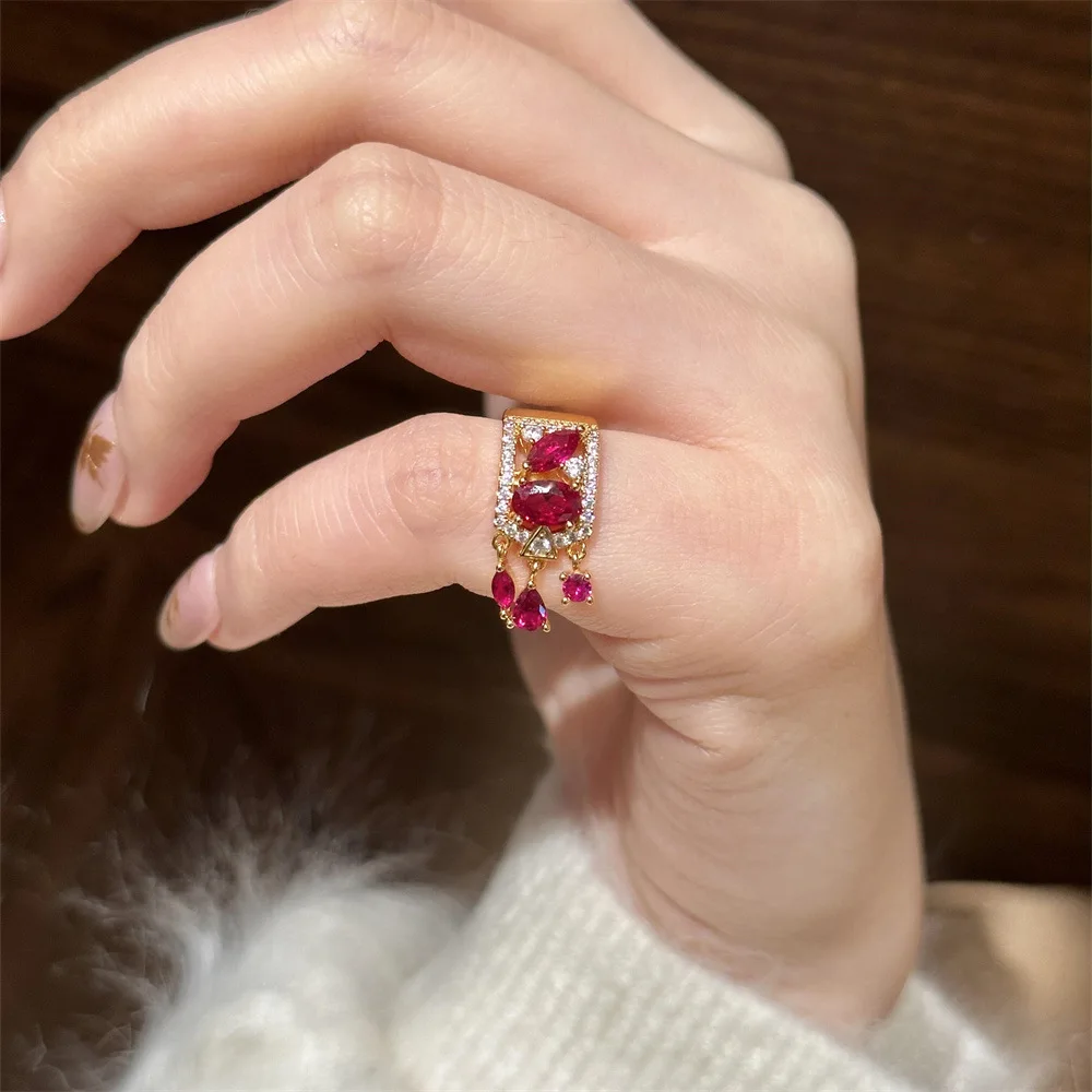 Vintage light luxury irregular inlaid ruby water drop diamond ring exquisite and beautiful ring adjustable party jewelry gift