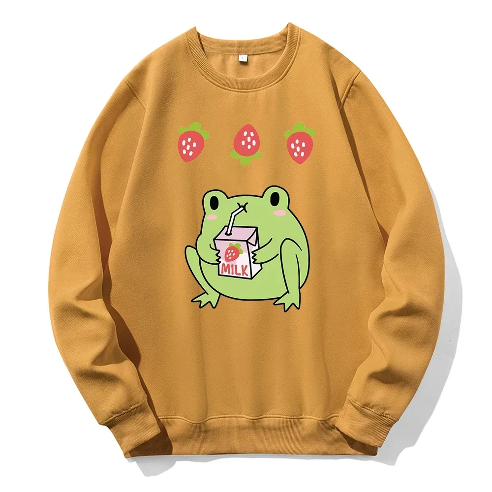 Green Frog Who Loves Drinking Strawberry-Flavored Milk Men Hooded Loose O-Neck Tracksuit Spandex Warm Hoody Classic Dailyhoodies