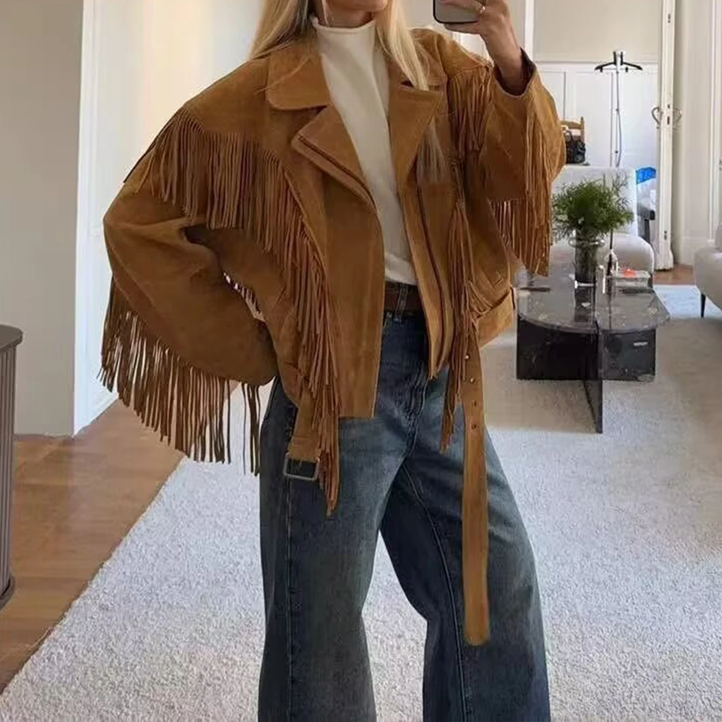 معطف نسائي رائع واسع الكتف طويل Sve لون نقي مزين بشراشيب لخريف 2025 معطف جديد بسحاب للإغلاق #3