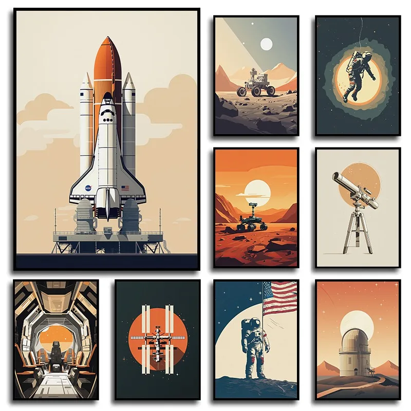 Retro Space Shuttle Interior American Astronaut Rocket Posters and Prints Canvas Printing Wall Art Picture for Living Room Decor