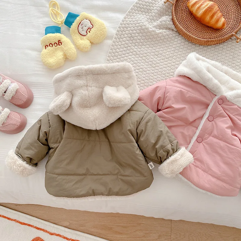 New Children Cotton Clothes Autumn Winter 0-5y Girl Baby Plus Velvet Thicken Hooded Warm Coat Kid Boy Simple Fashion Tops Jacket