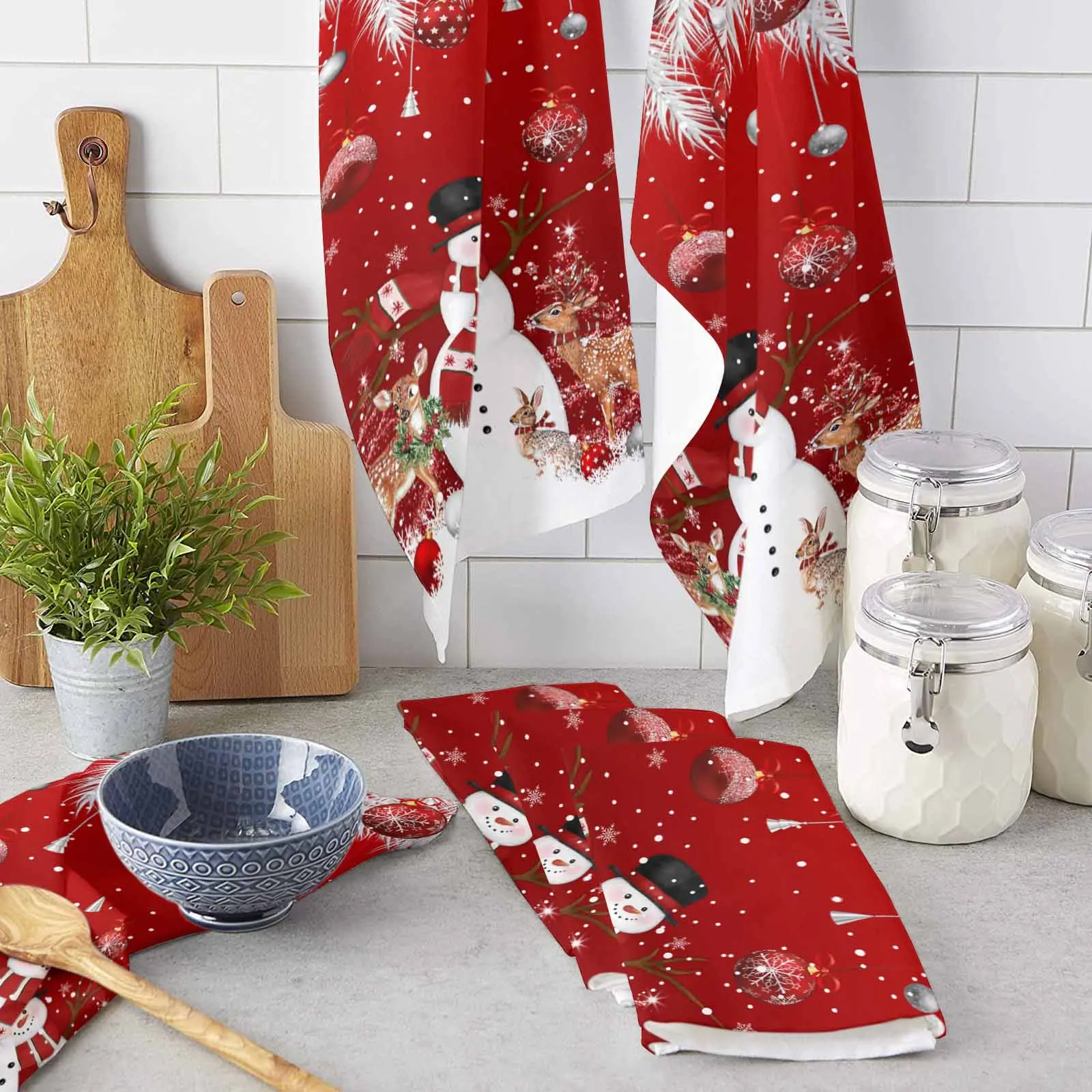 Deer Rabbit Christmas Tree Red  Microfiber Towel Absorbent Kitchen Cleaning Cloth Dish Towel Household Cleaning Towel