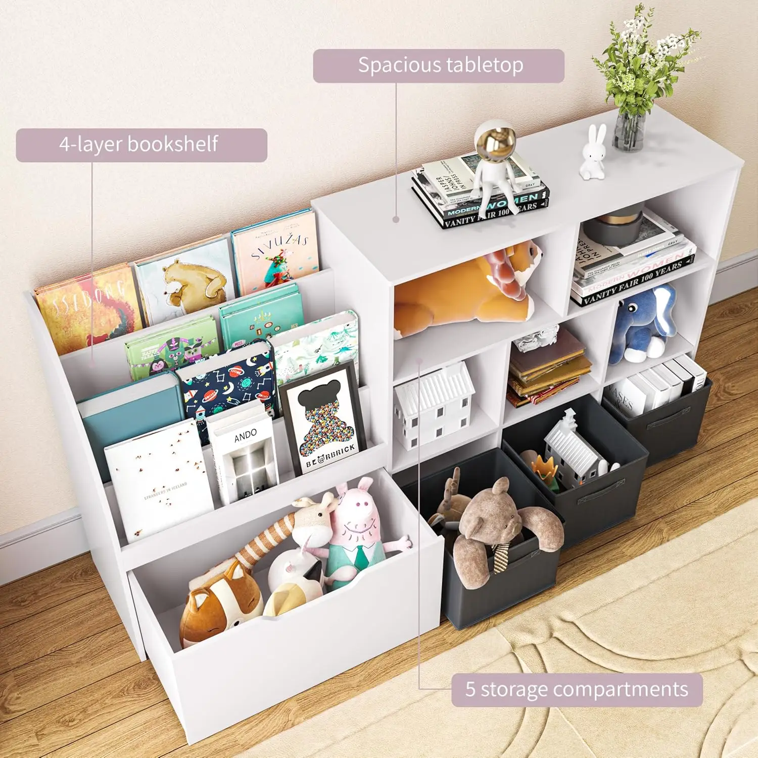 رف كتب للأطفال مع أدراج متحركة و3 صناديق، أبيض