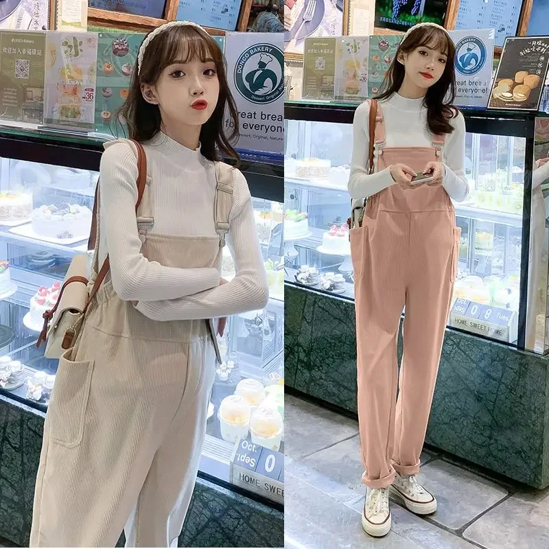 

Corduroy Suspenders Pregnant Women Autumn And Winter Style Belly Support Pants New Outside Wear Loose Trousers Two-Piece Set