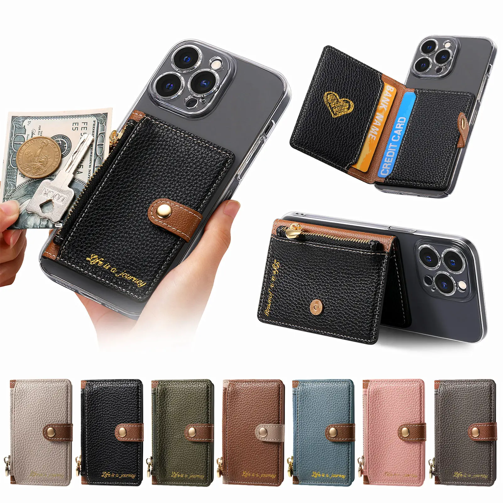 PU Leather of Litchi Stria Phone Holder Flip Wallet Card Slots Phone Back Sticker with Zipper Storage Design for Mobile Phone