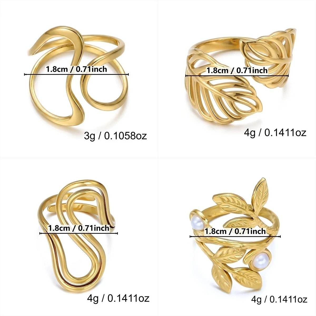 Hohle, doppelte Kreisringe aus Edelstahl mit Blattmuster und Imitationsperlen, S-förmige Ringe für Damen und Herren, Punk-Geometrie, stapelbare Ringe, Schmuck. – Detail 4