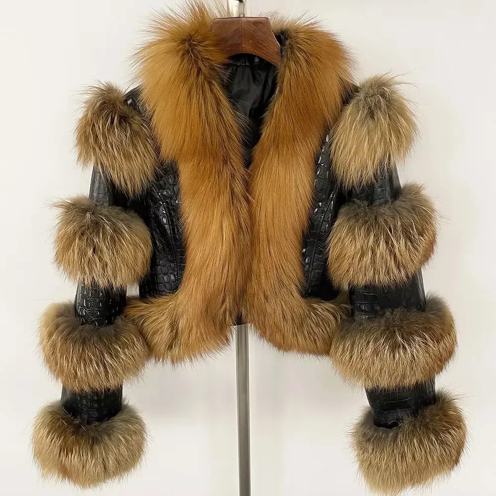 2025 femmes réel manteau de fourrure veste d'hiver en cuir véritable naturel raton laveur renard fourrure veste duvet de canard vêtements d'extérieur épais chaud Streetwear
