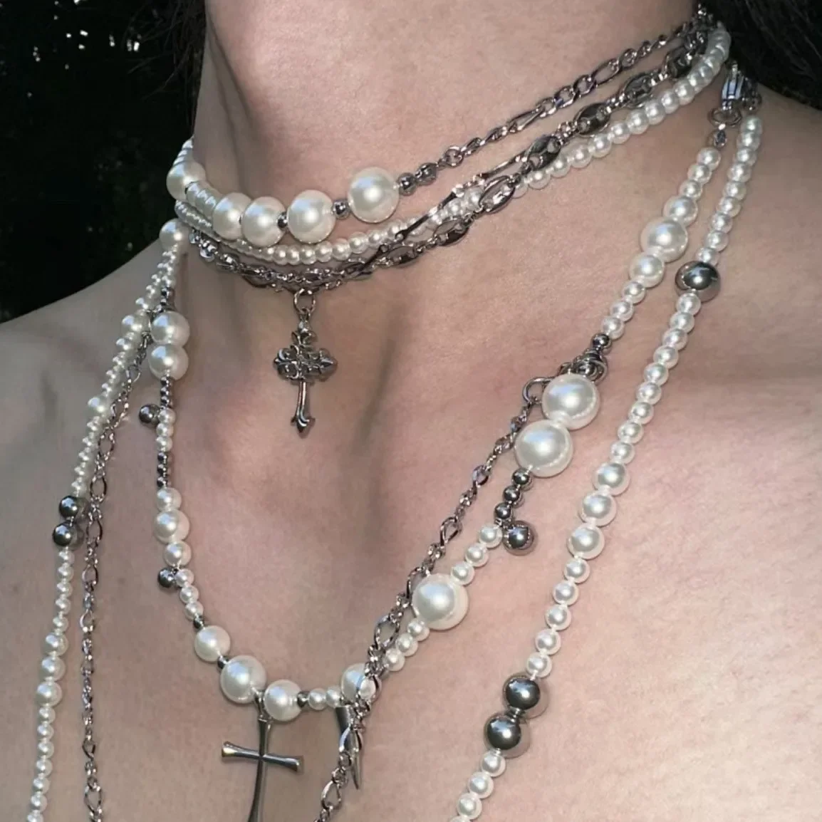 Niche Cross Sweater Chain Irregular Size Pearl Beaded Long Necklace Multiple Ways To Wear Collarbone Chain