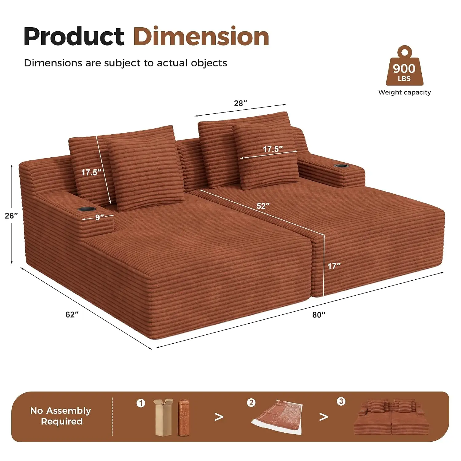 80'' Oversized Double Chaise Lounge Chair, Boneless Sofa Bed, Reddish Brown, Customized