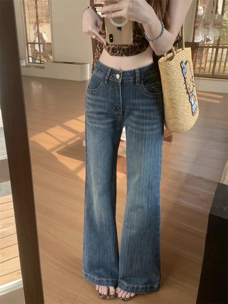 

Retro American Blue Jeans Women's Summer Slimming Wide Leg Pants High Waist Casual Style Pure Color Everyday Wear