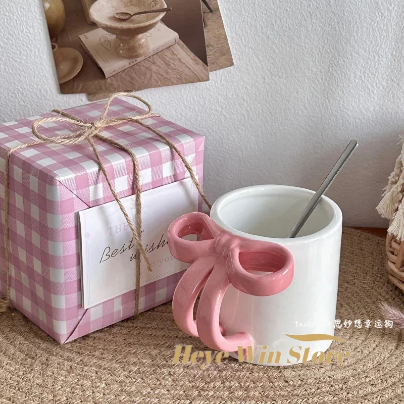 

Bow Handle Ceramic Mugs High Beauty Luxury Water Cup Home Birthday Gift Box Female Companion Hand Gift to Best Friend