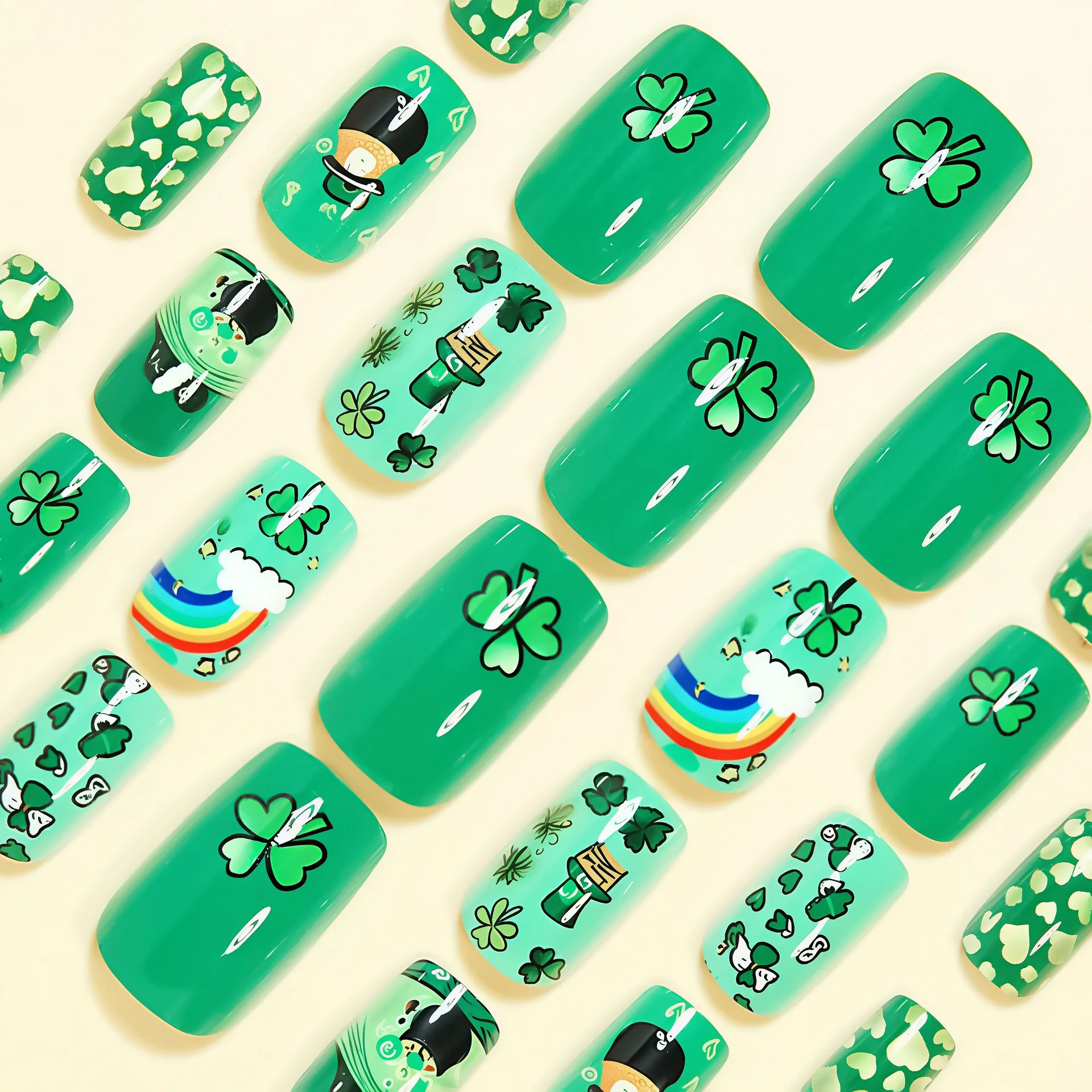Uñas postizas medianas para mujeres y niñas, diseño de sombrero con flora verde, para el Día de San Patricio, forma cuadrada almendrada, uñas postizas a presión
