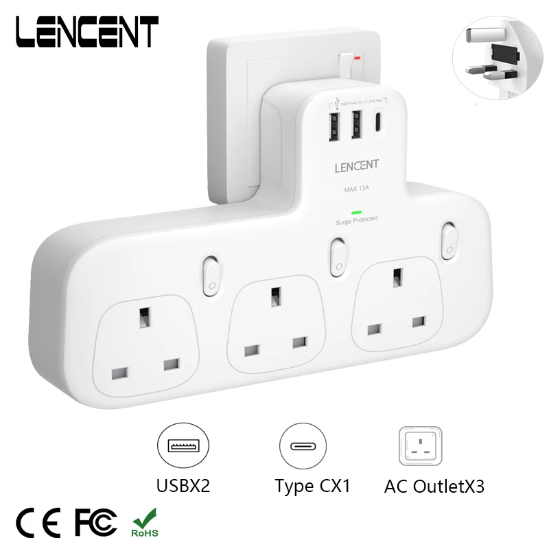 LENCENT Wall Socket Extender with 3AC Outlets 2 USB Port 1Type C Surge Protected Double Plug Adaptor with Switch for Home Office