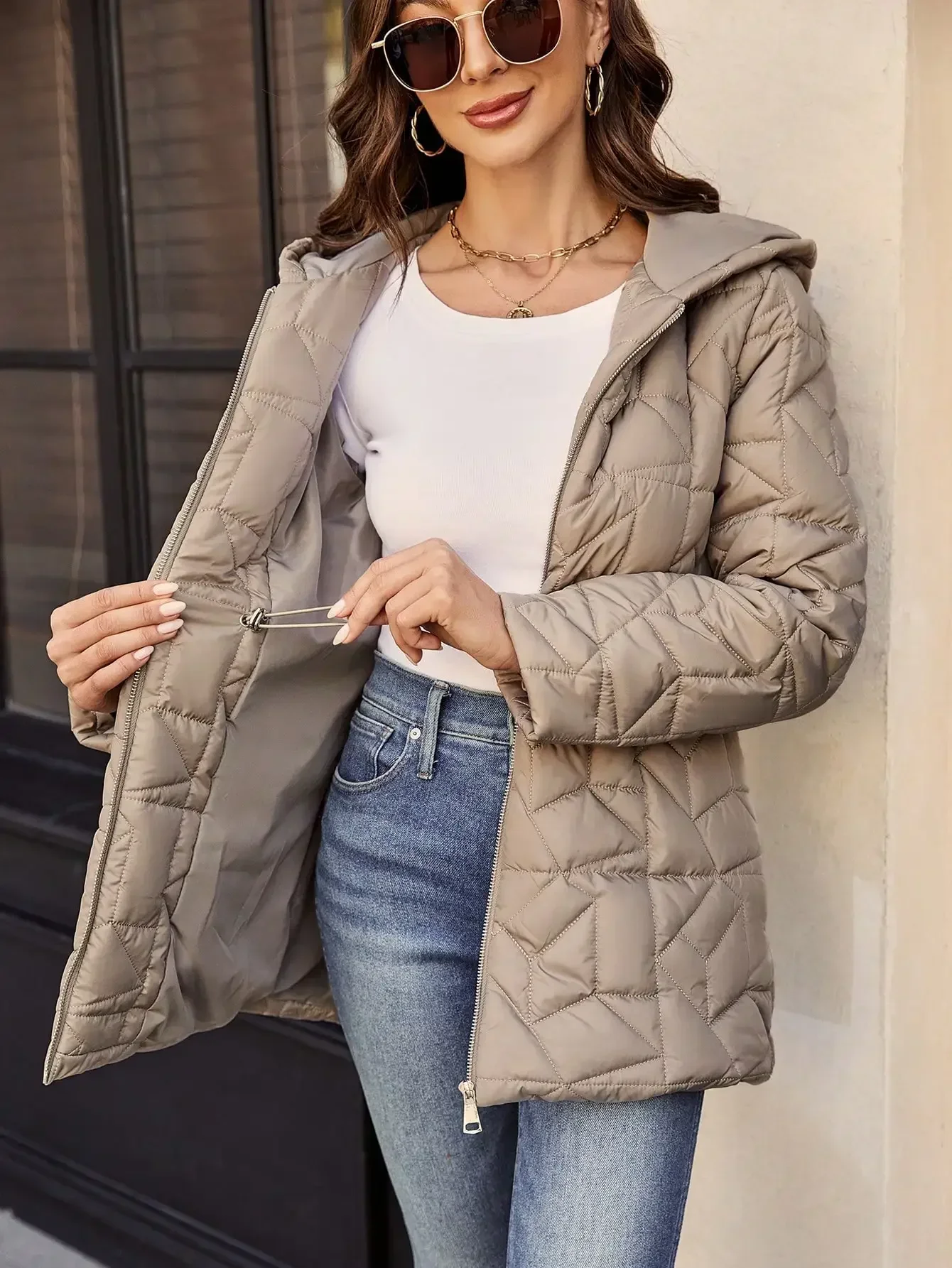 Autumn and winter women\'s senior sense of design sense of fashion Slim and thin solid color hooded cotton coat jacket