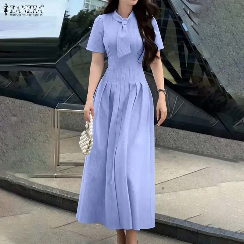 ZANZEA Damen Langes Kleid Sommer Kurzarm Gestreifte Kleider Mode A-Linie Plissiertes Sommerkleid Streetwear Vestidos Übergröße 3XL