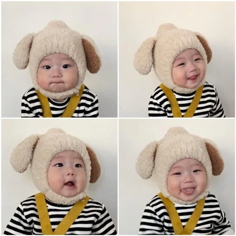 Baby hat fall and winter warm Korean version of the cute plush cap baby hat super cute dog ears knitted cap