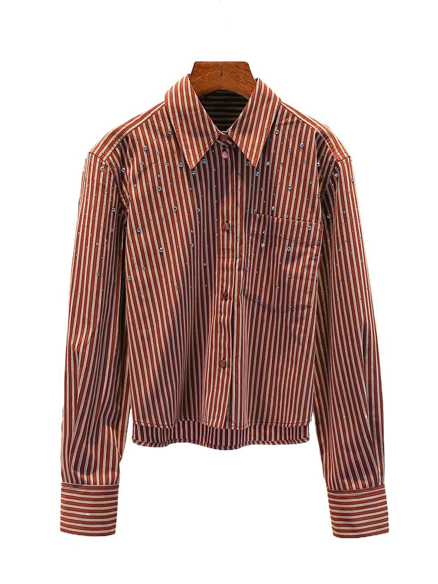 

Casual Striped irt Women's Premium Faion Autumn Winter Long Sve Button up Loose Fit Diamond Embellied Turn-down Collar