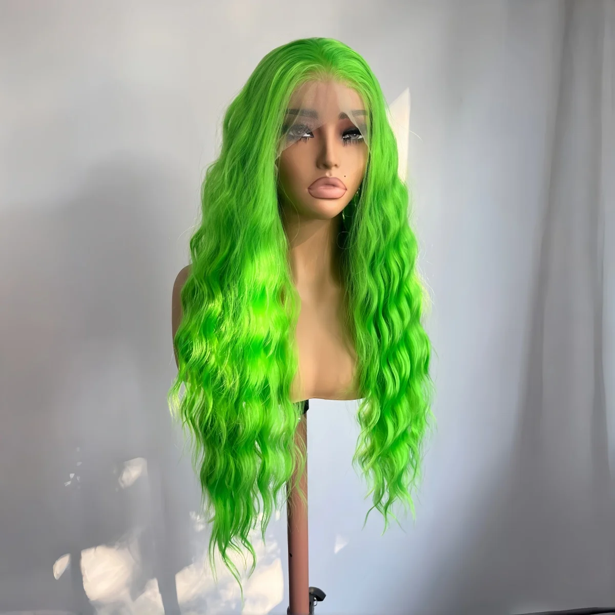 Long Silky Wavy Synthetic Wig Lime Green Free Part Water Wave Wig 13X4 Lace Front Wig for Women Daily Party Heat Resistant Fiber