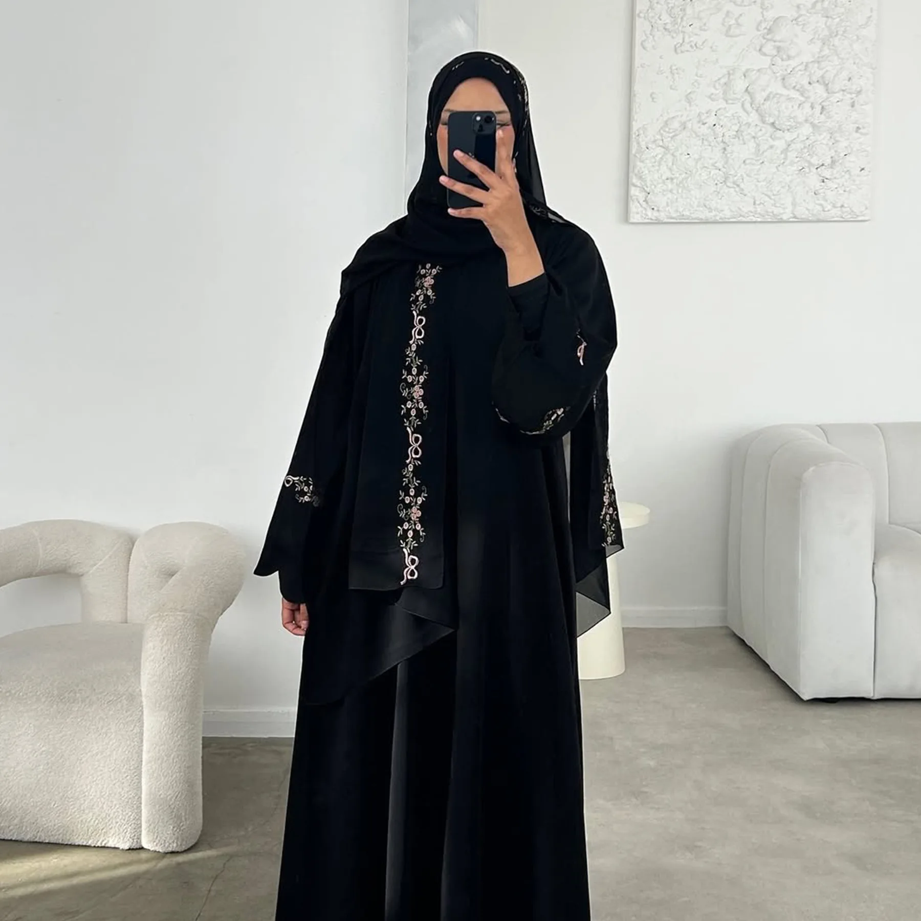 

FW25 MIZON High quality Abaya Muslim cardigan robe featuring exquisitely embroidered cuffs matching soft headscarf for winter