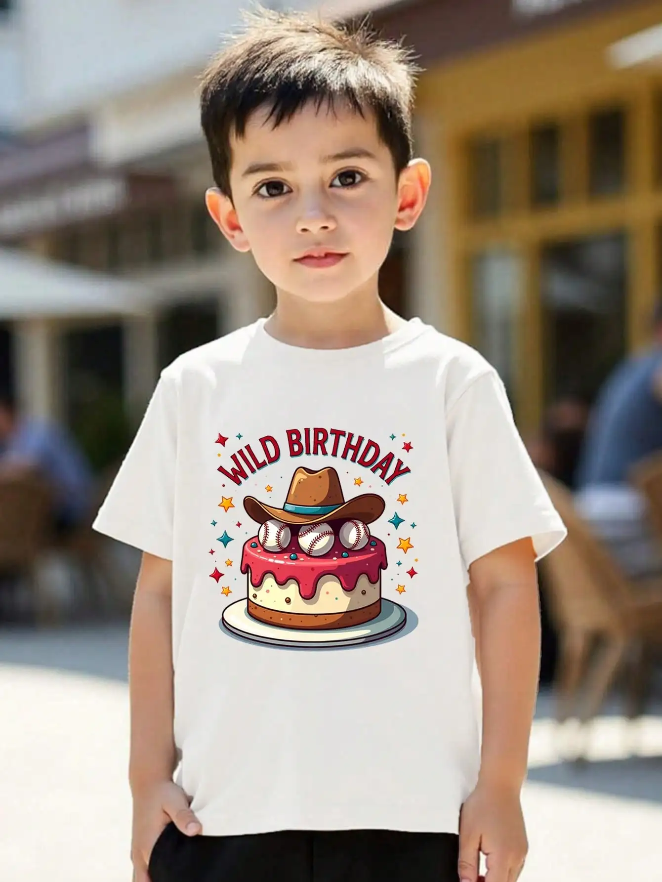 

Tween Girls/Boys Clothes, Birthday Theme Cotton T-Shirt, White Tee With Wild Birthday Cake And Cowboy Hat Graphic