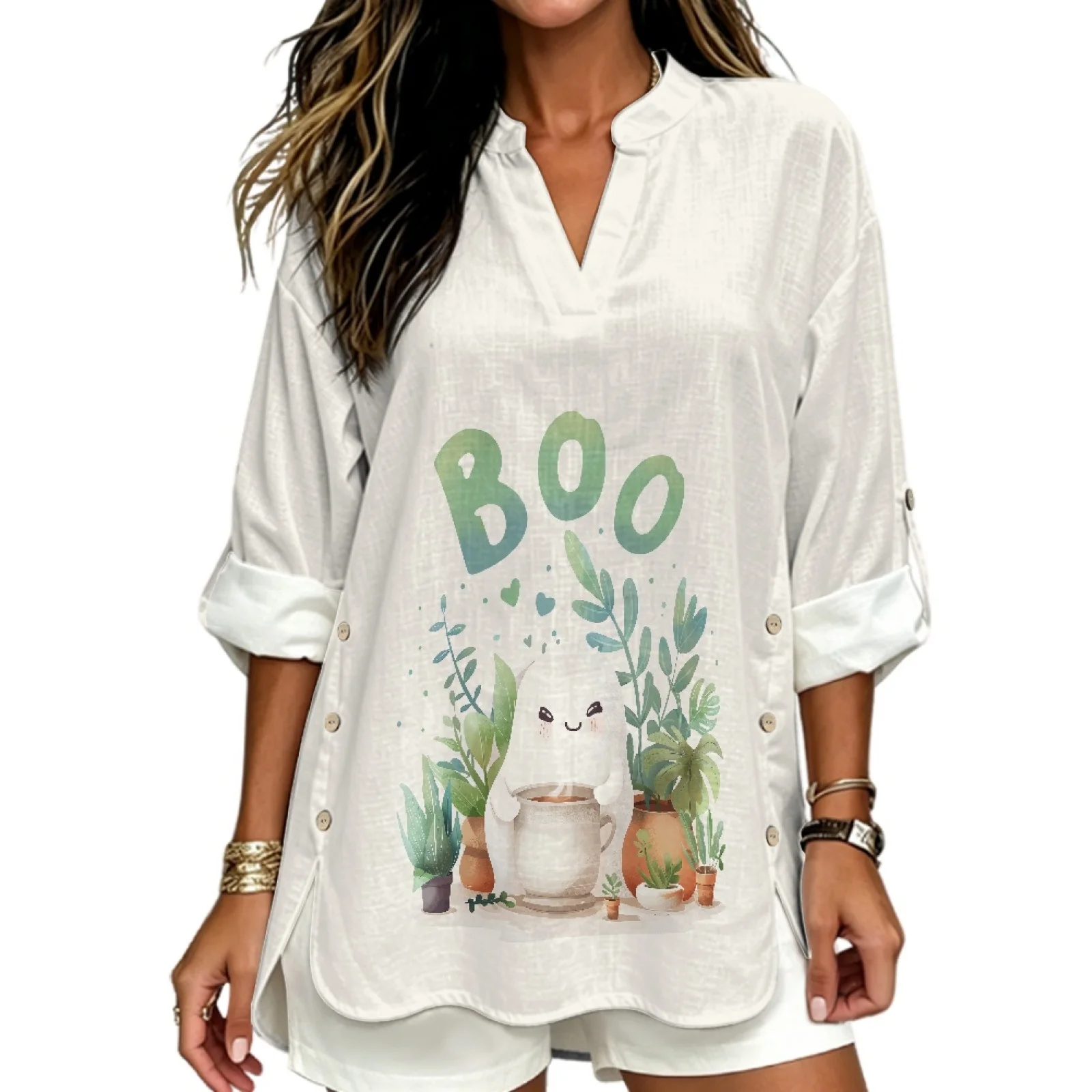PENSTROLL Little Monster Linen Like Tunic Top for Business Side Slit Long Sleeve Tops for Women V Neck Blouses