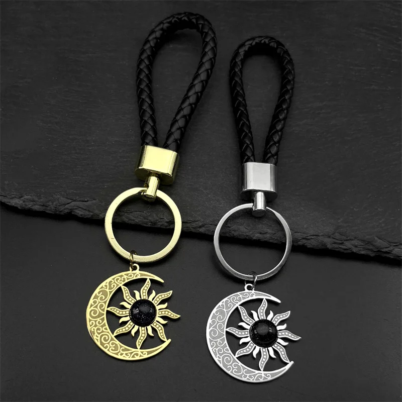Wicca الشمس القمر سلسلة مفاتيح الفولاذ المقاوم للصدأ بولي Leather الأحجار الجلدية الحجر الطبيعي رائعة الذكور الكلاسيكية حلقة رئيسية مجوهرات الحفلات هدية