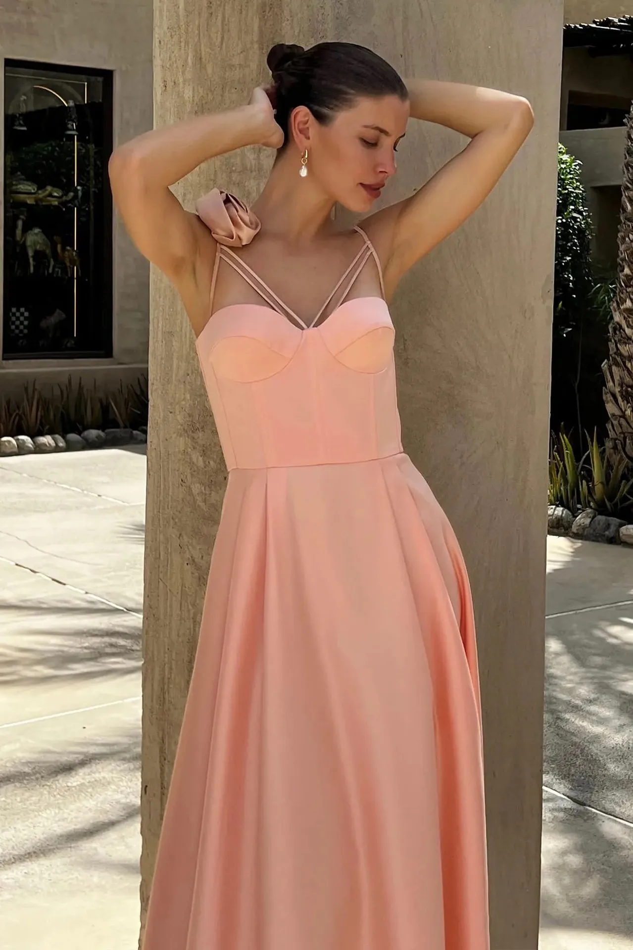 Elegant Spaghetti Strap Pleated Prom Midi Dress 3D Flower Swing Sleeveless Off-Shoulder Guest Dresses Women 2024 Wedding Party