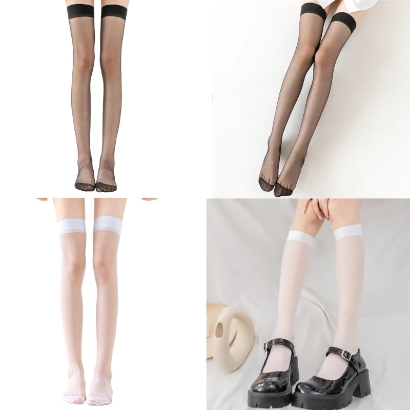 Women's Silky Thigh High Stockings Summer Transparent Over Knee Long Stockings JK Students Nylon Stockings Hosiery