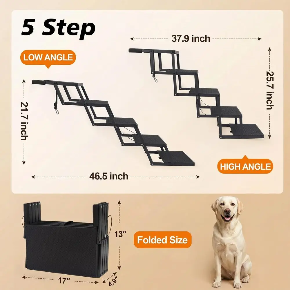 Portable Dog Steps for Large Breeds: 5-Step, High Traction, Up to 200 lbs Support
