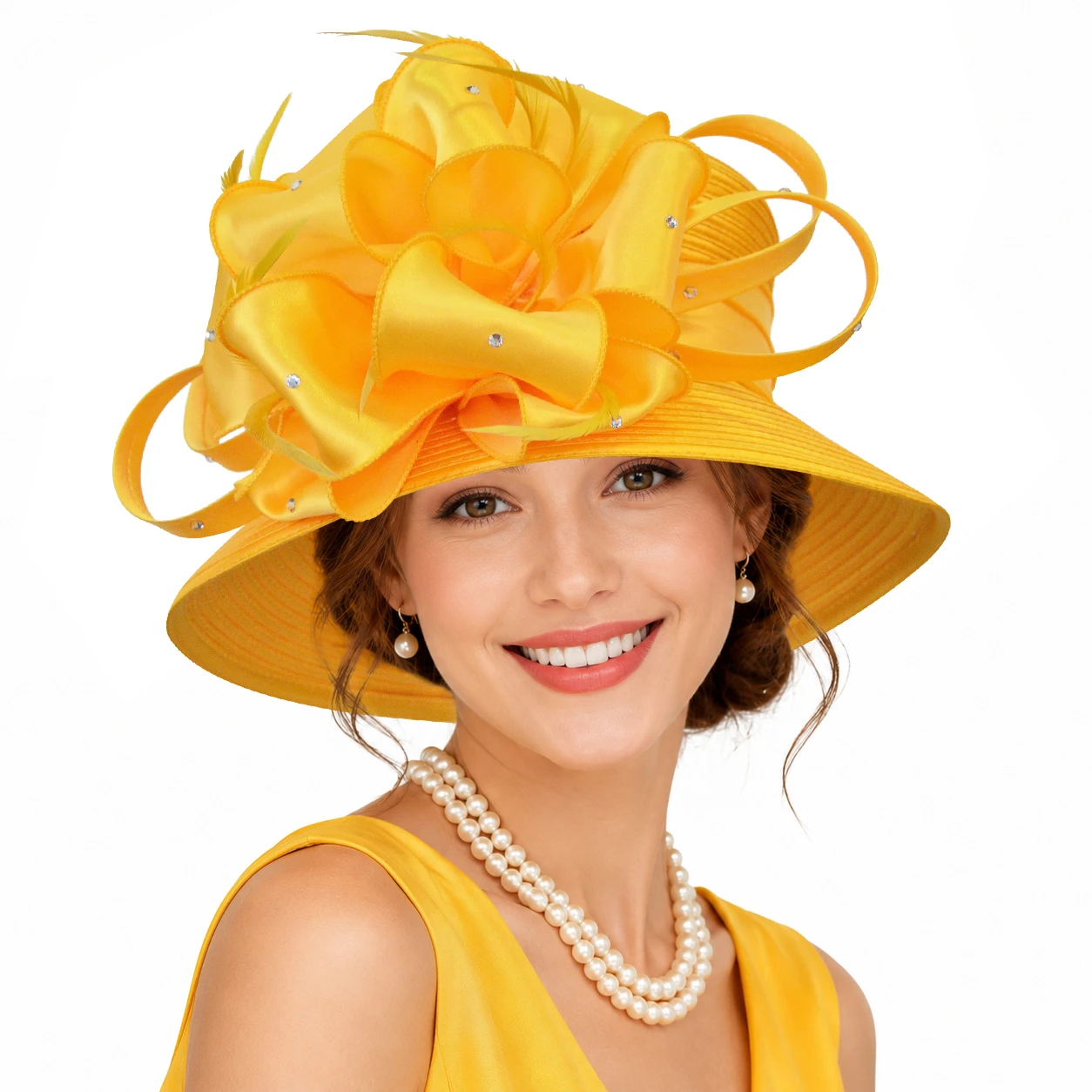 Elegant Church Hat for Women Wide Brim Kentucky Derby Gold Fascinator Hat with Bow & Rhinestones for Wedding, Tea Party