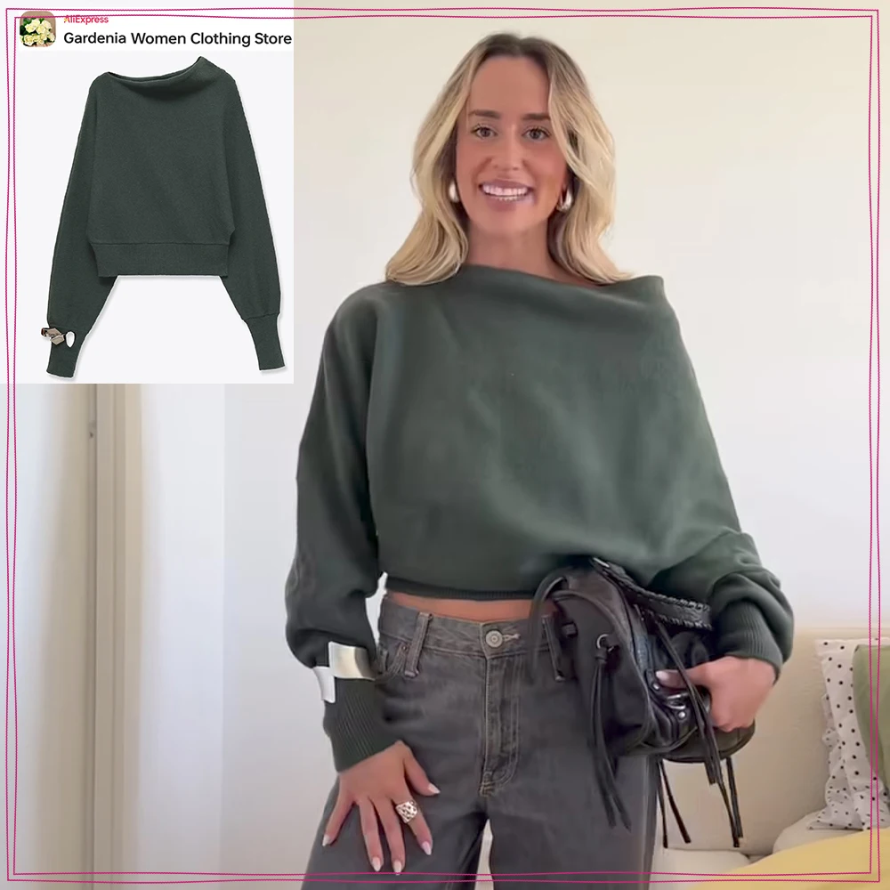 

Elegant Women Asymmetric Knit Jumper with Cuff Bracelet Autumn Green Pullovers Stylish Asymmetric Neck and Long Sleeves Sweaters